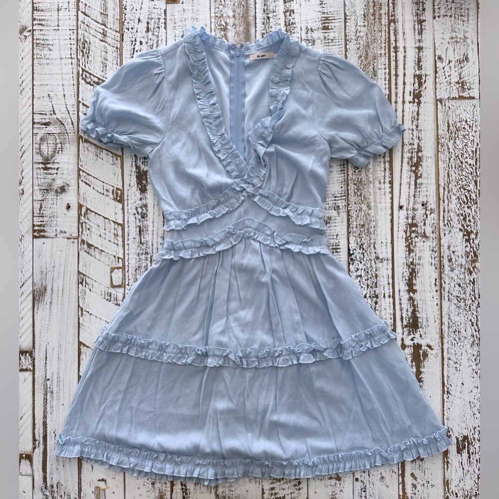 Powder Blue Babydoll Mini Dress with Puff Sleeves and V-Neck from Franchesca’s